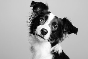 Fototapeta premium studio headshot portrait of black and white dog tilting head looking forward against a light gray background , ai