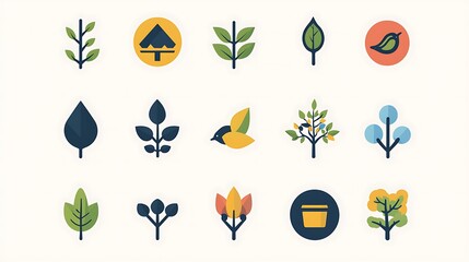 Flat design nature icons including leaves, trees, and birds, perfect for environmental and eco-friendly themes.