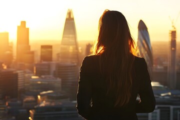 Woman Silhouetted Against Sunset Over Cityscape