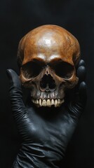 Fototapeta premium A single gloved hand grips a detailed, aged skull from below, the polished surface reflecting ambient white light.