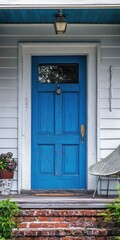 Fototapeta premium Blue Front Door of Beach Bungalow with Brick Porch and Egg Chair