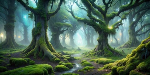 Obraz premium Glowing Moss Forest - Ancient Trees Covered in Luminous Moss with Soft Mist Floating Through the Air to Establish a Mysterious and Otherworldly Atmosphere with Pastel Greens.