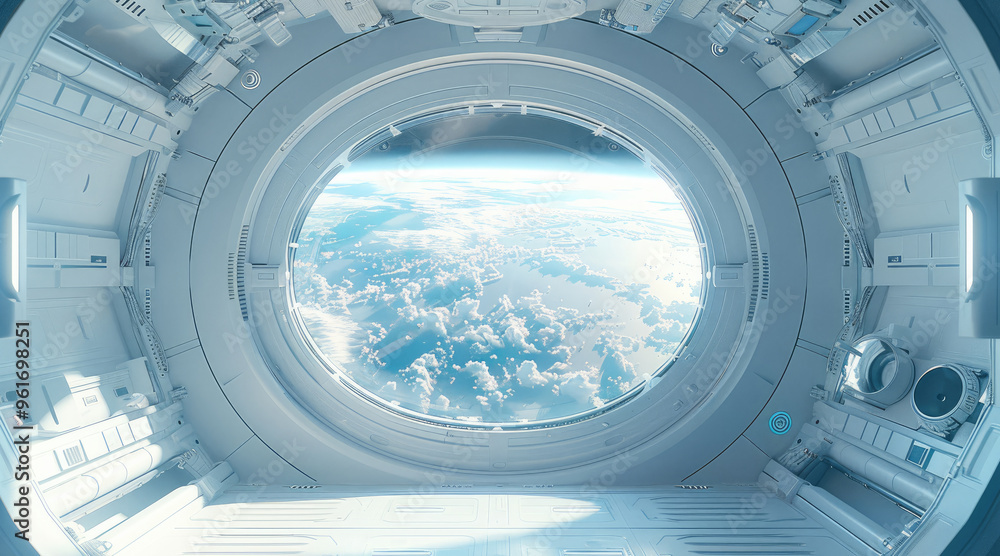 Poster a large round window in the space station, floating in zero gravity, white interior with window show