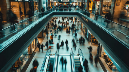 Obraz premium A photo shows the inside of a busy shopping mall. You can see people walking around, but the picture is a bit fuzzy.