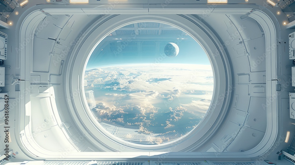 Poster a large round window in the space station, floating in zero gravity, white interior with window show