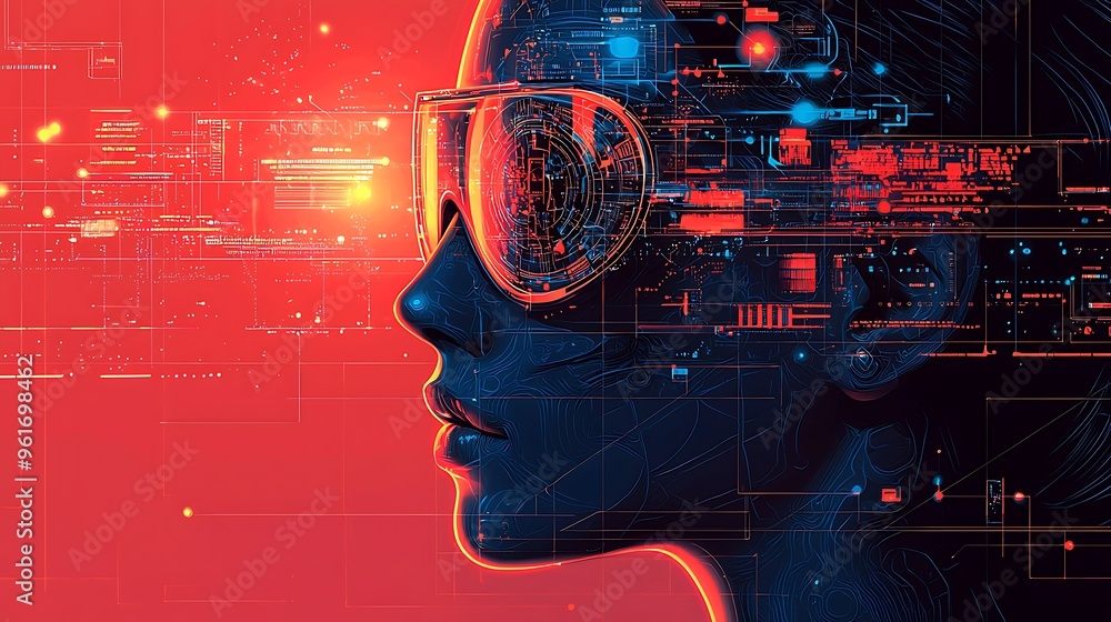 Poster a futuristic cyberspace interface with glowing red and blue colors, blending abstract design with te