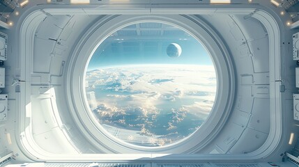 A large round window in the space station, floating in zero gravity, white interior with window showing earth below, minimalistic design, futuristic vibe. Generative AI.