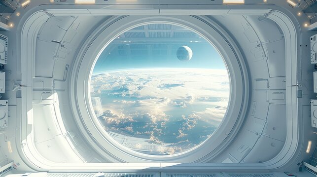 A large round window in the space station, floating in zero gravity, white interior with window showing earth below, minimalistic design, futuristic vibe. Generative AI.