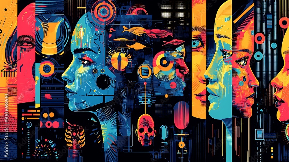 Poster abstract digital art with colorful faces and geometric shapes, exploring the fusion of modern design