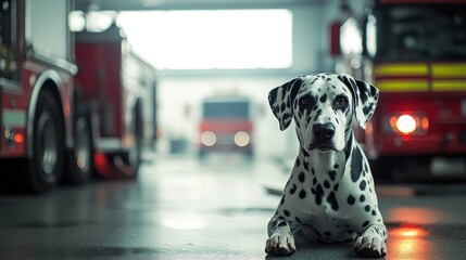 A Dalmatian dog resting in a fire station, surrounded by fire trucks.