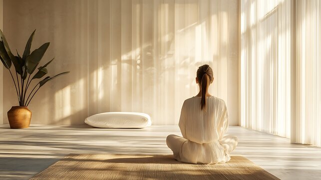 A woman meditates in a minimalist home decor setting with natural light, embracing tranquility.