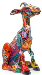 Colorful, abstract sculpture of a goat, painted in a graffiti style.