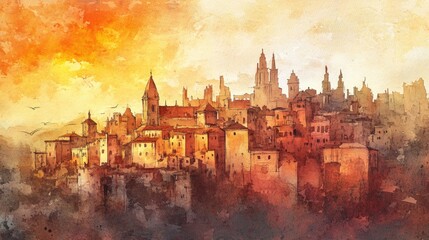 Fototapeta premium Charming Watercolor Cityscape at Sunset: A Vibrant Architectural Landscape