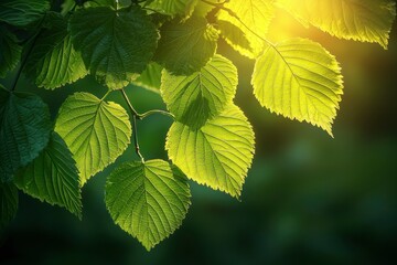 Sunlit Green Leaves on a Branch in a Forest