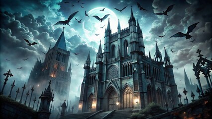 Fototapeta premium Gothic Cathedral and Batscape Eerie and Ominous Halloween Icons with Dark Grays and Blues Creating a Sense of Foreboding and Dread
