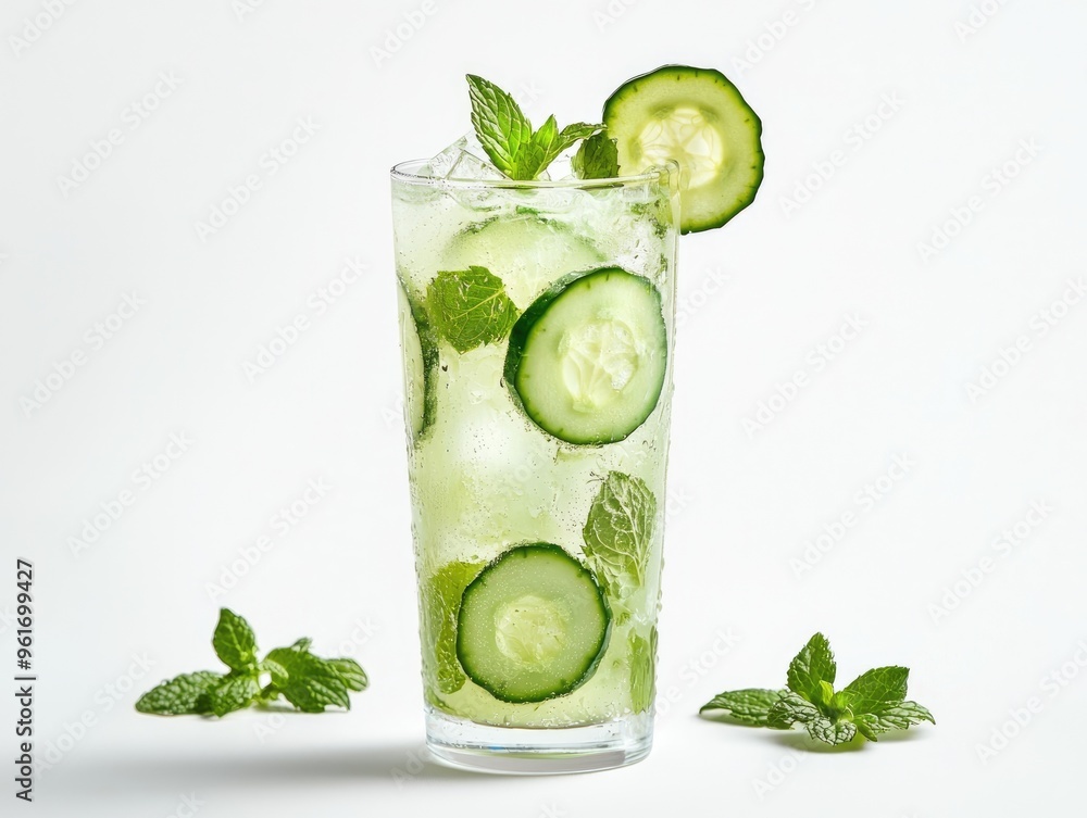 Poster refreshing cucumber detox water infused with slices of cucumber and mint