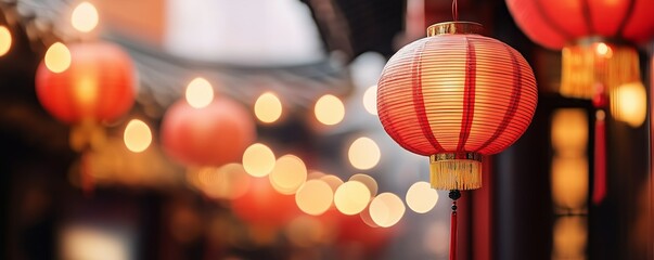 A Chinese lantern on the street. A festive decoration. A traditional red paper lantern in Asia....