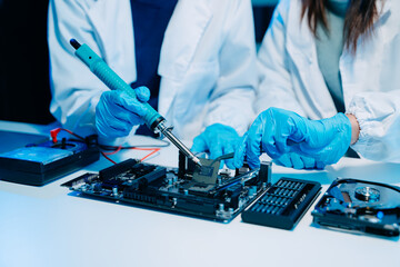 The technician is putting the CPU on the socket of the computer motherboard. electronic engineering...
