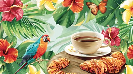 Obraz premium Tropical Breakfast with Coffee Croissants and Parrot