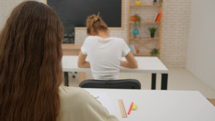 High school teenagers in classroom sitting at desks doing test, writing exam answering questions. Modern education concept.