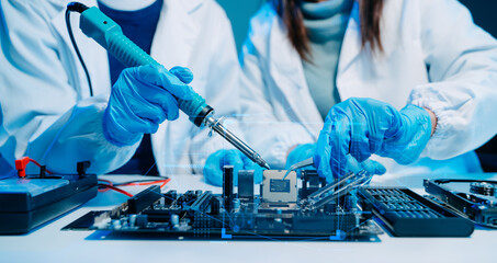 The technician is putting the CPU on the socket of the computer motherboard. electronic engineering...