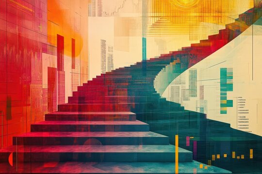 A staircase made of financial graphs and charts, where each step represents a higher profit margin, leading to a golden vault at the summit