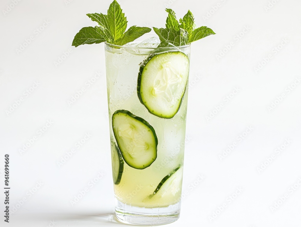 Poster refreshing cucumber detox water infused with slices of cucumber and mint