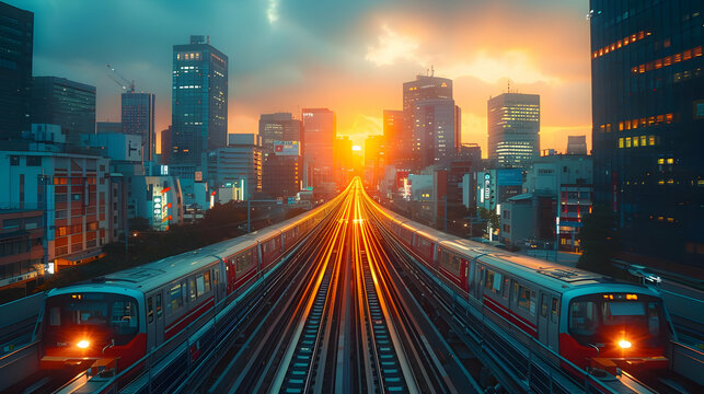 Cityscape with Train Tracks at Sunset, Illustration
