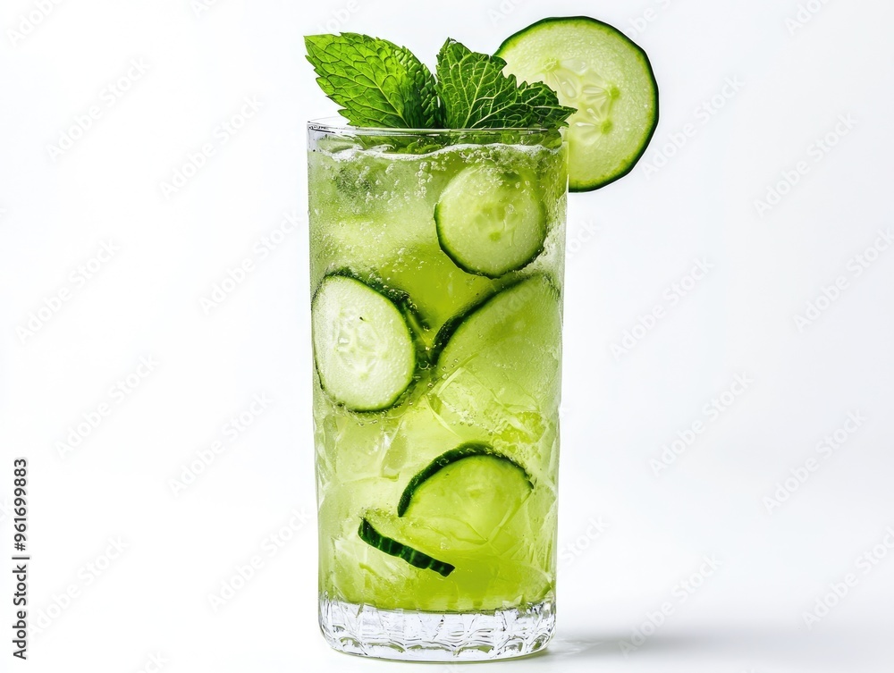 Poster refreshing cucumber detox water infused with slices of cucumber and mint