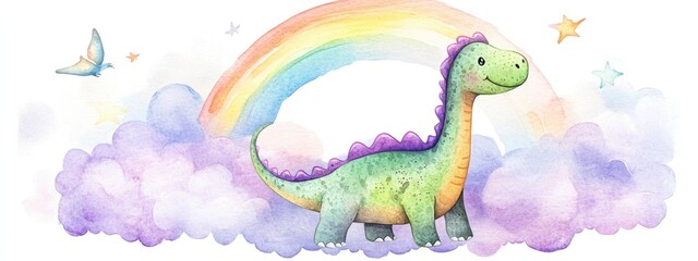 Whimsical Watercolor Dinosaur Under a Rainbow: A Playful Fantasy Illustration