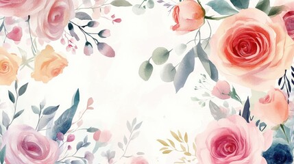 Elegant Watercolor Floral Background Featuring Various Roses and Foliage for Artistic Decor
