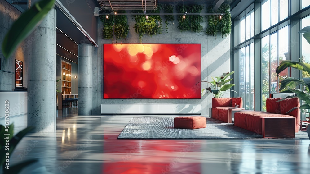 Fototapete a big tv screen in a modern office breakout area; in a low angle shot, shooting up featuring hint of