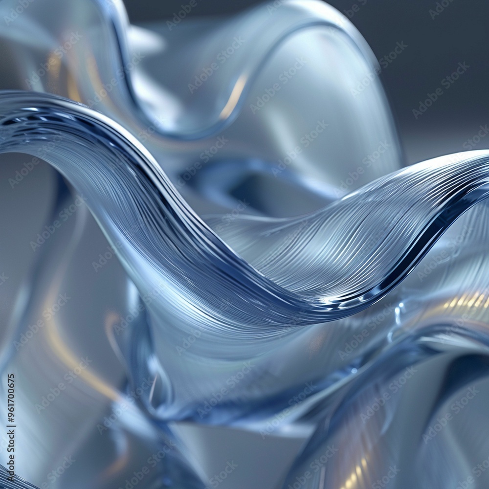 Poster flowing transparent waves of material creating intricate patterns and reflections in a soft blue hue