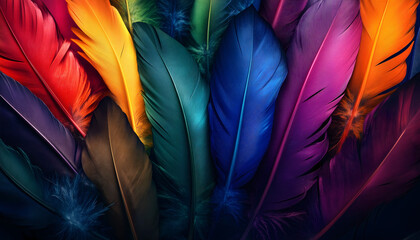 An abstract illustration of feathers in various vibrant colors
