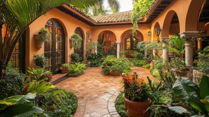 A Beautiful Courtyard with Lush Greenery and Mediterranean Architecture