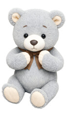 Grey teddy bear with brown bow on transparent background