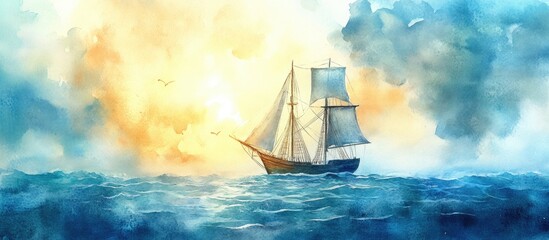 Sailing into the Horizon: A Serene Watercolor Voyage Across the Ocean