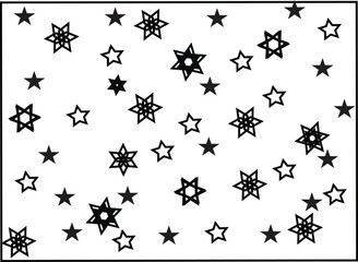 A bold seamless pattern with black doodles of stars, and other playful shapes on a white background, creating a fun and dynamic tile ornament perfect for modern and quirky designs.