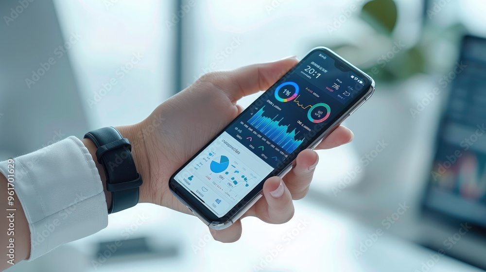 Poster a hand holding a smartphone, with a smartwatch on the wrist. both the phone and smartwatch screens a