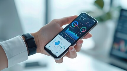 A hand holding a smartphone, with a smartwatch on the wrist. Both the phone and smartwatch screens are clearly visible, displaying health vital. The background is minimalist and modern. Generative AI.