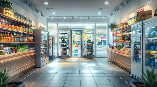 Bright interior of a convenience store with fridge. Generative AI.