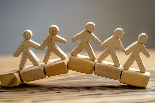 Wooden Figurines Walking Across a Bridge of Wooden Blocks