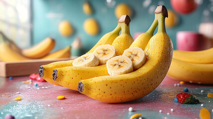 Bananas as part of marketing materials, such as bright, attention-grabbing banners or product labels.
