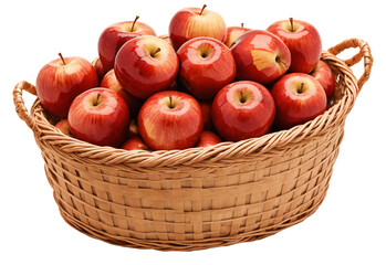 Red apples in a woven basket on a transparent background