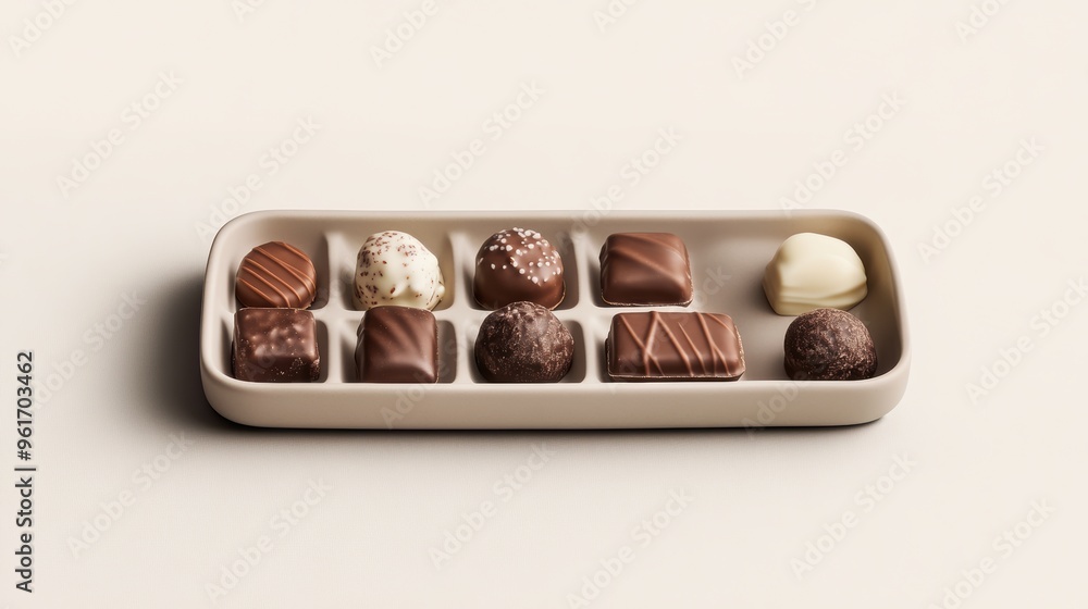 Poster a tray of assorted chocolates is displayed on a white background