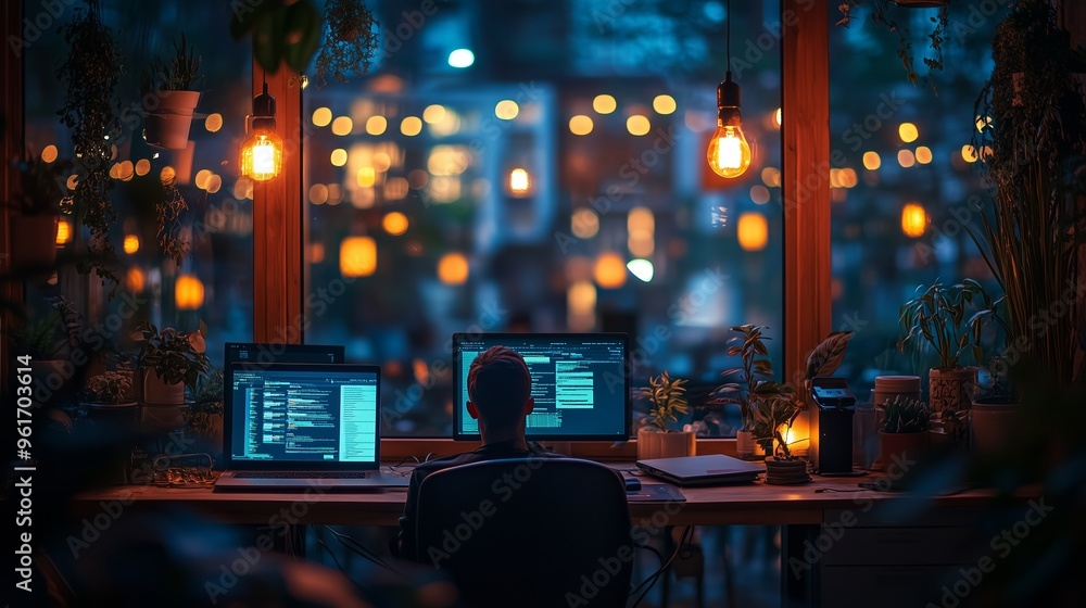 Poster a programmer working late at night in a cozy room illuminated by warm lights with two screens showin