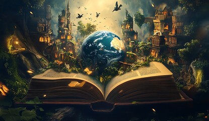 Obraz premium A detailed, high-resolution image of an open book with an imaginative realm within, featuring floating books, mystical creatures, and Earth at its core, with buildings formed from giant trees and wate