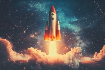 Rocket Launching Through Clouds in a Starry Sky