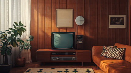 A retro living room scene with a vintage TV set, dark wood paneling, a low-profile leather sofa, and geometric patterned pillows, evoking the 70s era