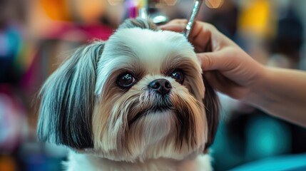 A dog being groomed, showcasing a close-up of its face and a person's hand styling its fur.